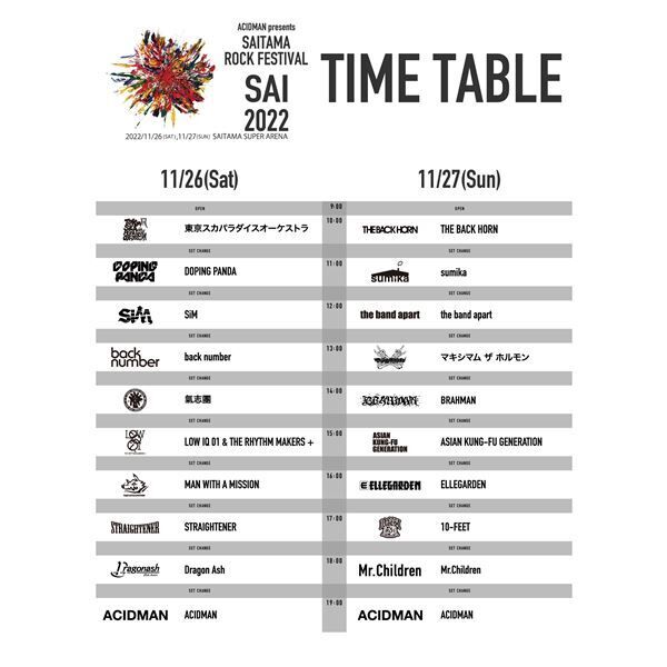 ACIDMAN主催のロックフェス『SAI』タイムテーブル発表