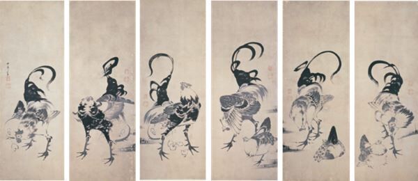 伊藤若冲《鶏図押絵貼屛風》（左隻） 寛政9 年（1797）頃 細見美術館蔵