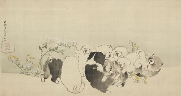 長沢芦雪《菊花子犬図》18世紀(江戸時代)個人蔵
