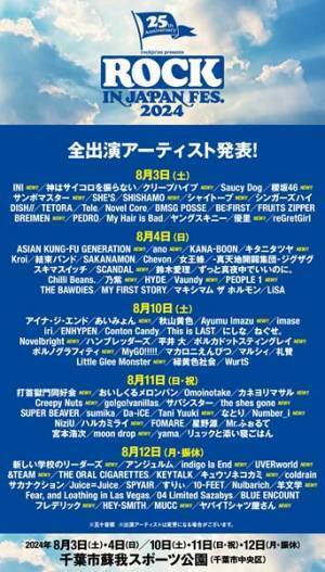 『ROCK IN JAPAN FESTIVAL 2024』INI、Vaundy、あいみょん、Number_iら蘇我会場出演全115組を発表