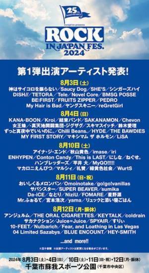 『ROCK IN JAPAN FESTIVAL 2024』第1弾出演アーティスト発表　Saucy Dog、ENHYPEN、星野源ら77組決定