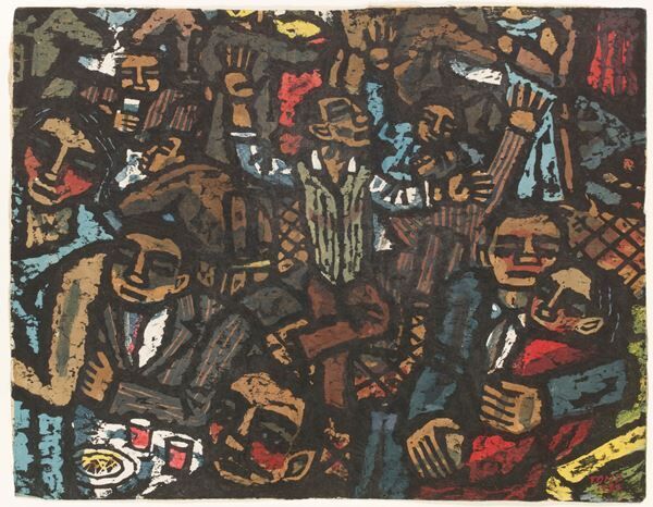 小野忠重《ジャズを廻る人々》1934、町田市立国際版画美術館蔵