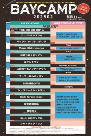 オールナイト・ロックイベント『BAYCAMP 202502』最終ラインナップ&タイムテーブル解禁　ヘッドライナーはクリトリック・リスに決定