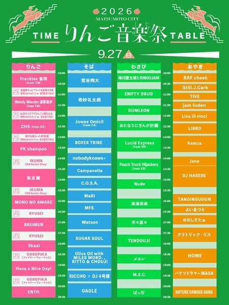 『りんご音楽祭2026』第15弾にkZm、さとうもか、THURTDELICら16組　タイムテーブルも公開