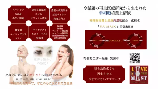 話題の再生医療研究から生まれた化粧水！有償モニター開始