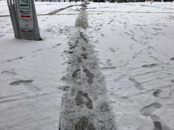 東名高速道路（足柄サービスエリア）の雪がやばい！走行できずチェーン装着してる人も。