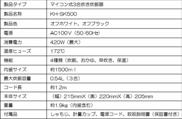 コスパ抜群！炊飯器✖低価格✖高デザイン性　マイコン式3合炊き炊飯器『KH-SK500』新発売