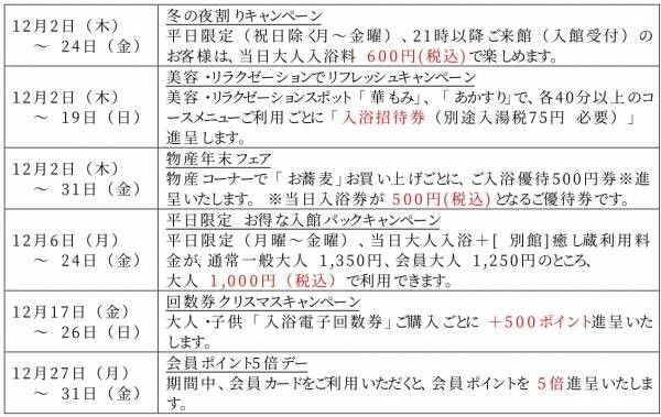 つかしん天然温泉「湯の華廊（Ｒ）」、「年明け前のリフレッシュキャンペーン」を開催