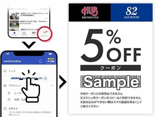 【HＵＢ×netkeiba】店舗で利用できる５％OFFクーポンを期間限定で配信！