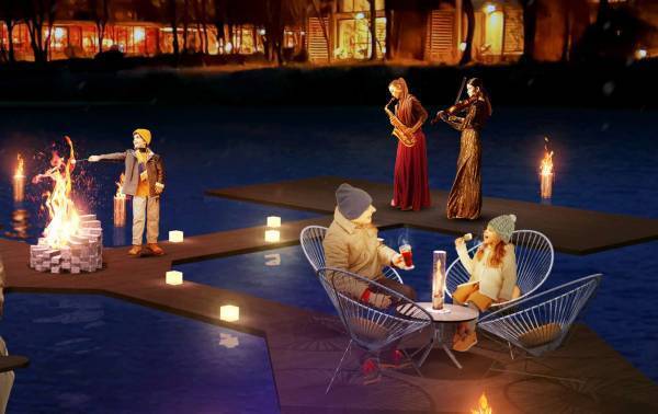 【リゾナーレ那須】焚火に囲まれた水上の特別席が登場。焚火を囲んで楽しむ温かい甘酒やホットドリンク、音楽家による演奏会なども堪能できる「SUIDEN焚火ラウンジ」オープン｜期間：2023年1月7日～3月15日