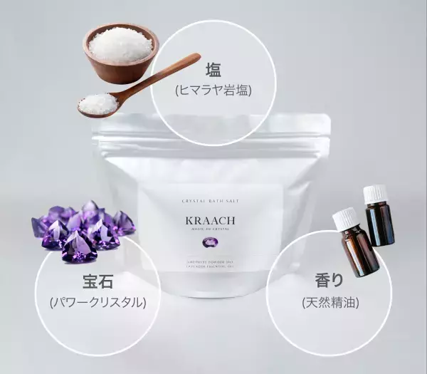 Makuake 目標金額100%以上達成！宝石の守護力でバスタイムに魔法をかける、天然宝石パウダーが入った「KRAACH（クラッチ）」クリスタルバスソルト、いよいよ発売開始