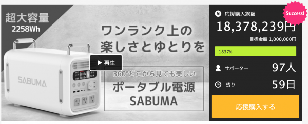 【Makuakeにて目標達成率1,800%超え】美しすぎる大容量ポータブル電源 SABUMA S2200