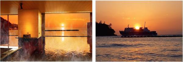 水平線に沈む秋の夕日を眺める宿。大江戸温泉物語【汐美荘】（新潟県 村上市）と【土肥マリンホテル】（静岡県 伊豆市）で9月1日、秋のまんぞくバイキングスタート！
