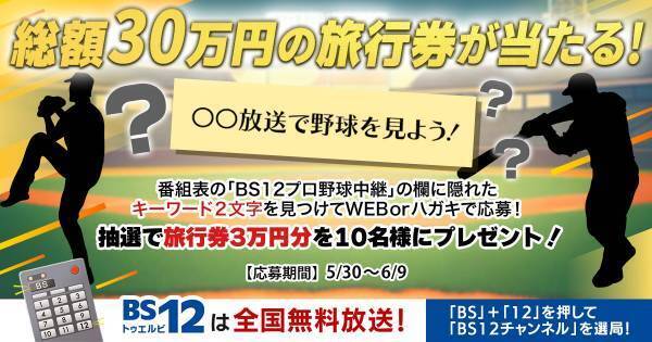 ＜総額30万円の旅行券が当たる＞ 番組表からキーワードを見つけて豪華賞品をゲットしよう！ ～BS12プロ野球中継プレゼントキャンペーン～