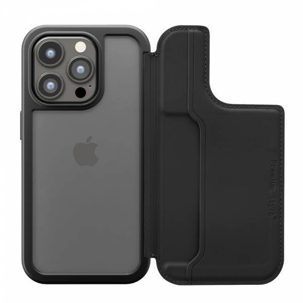 iPhone15、iPhone15Proに対応する、背面部分にカード収納があるバックフリップケースや、PUレザーケース等を株式会社PGAが発売