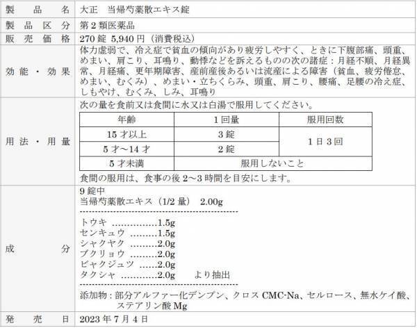 「大正　当帰芍薬散エキス錠」新発売