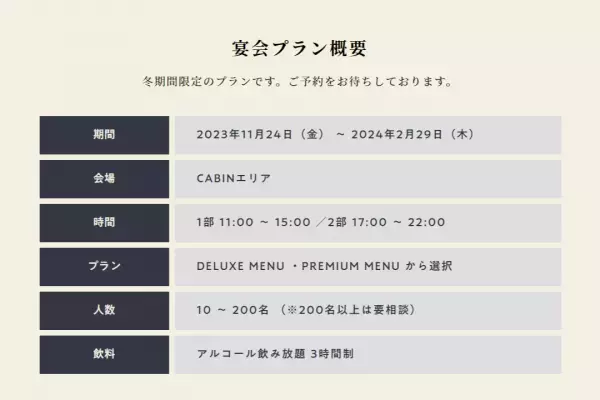 忘年会の新定番！“リゾート”で忘年会を。期間限定で忘年会・新年会にぴったりな宴会プランの販売を開始：11月24日（金）～2月29日（木）【キラナガーデン豊洲】