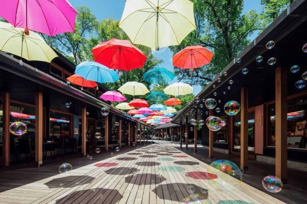 【軽井沢星野エリア】梅雨の時期に空を見上げたくなるイベント「軽井沢アンブレラスカイ 2023」を開催～ライトアップされた「傘のアーケード」にシャボン玉 ＆ 装飾に使用した傘をリサイクルする取り組みを開始～ 期間：2023 年6月2日～7月9日