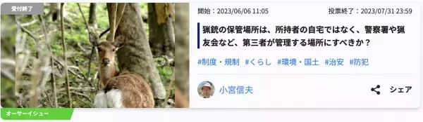 Surfvote投票結果 「猟銃の保管場所は、所持者の自宅ではなく、警察署や猟友会など、第三者が管理する場所にすべきか？」