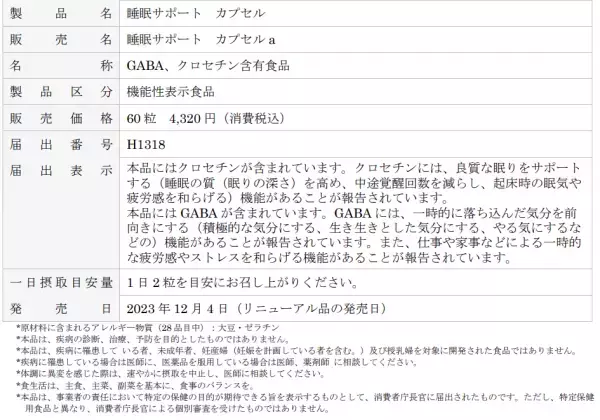 「睡眠サポート　カプセル」 リニューアル発売