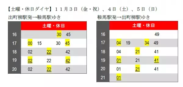 11月3日（金・祝）～26日（日）に「秋ダイヤ」を実施します