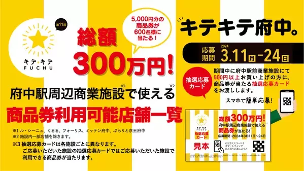 府中駅周辺の商業施設でお買い物をして商品券を当てよう！キテキテ府中★商品券キャンペーン開催！