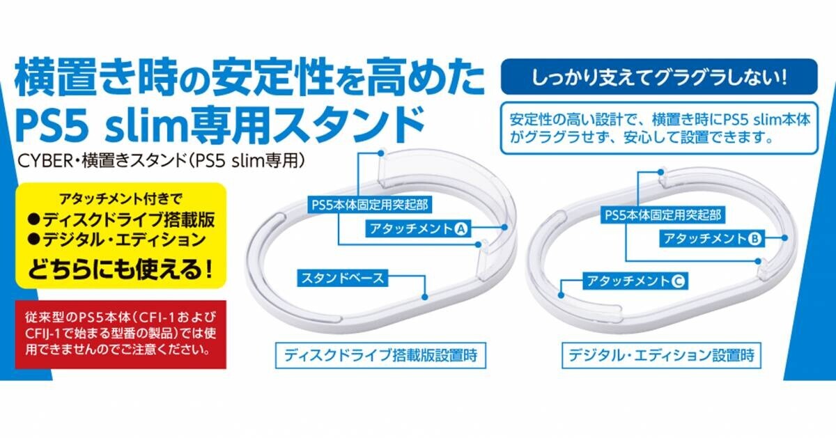 ディスクドライブ搭載版＆デジタル・エディション両対応！ 横置き時の安定性を高めたPS5 slim専用スタンドが新発売