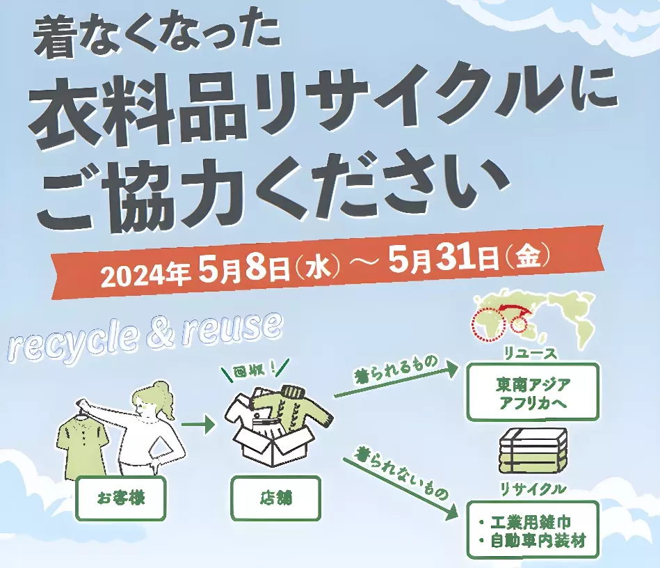 着る機会がなくなった衣料品をリユース・リサイクルで子ども食堂支援へ！「衣料品リサイクルにご協力ください！」5/8（水）～5/31（金）まで、近畿圏15店舗で衣料品回収を実施！