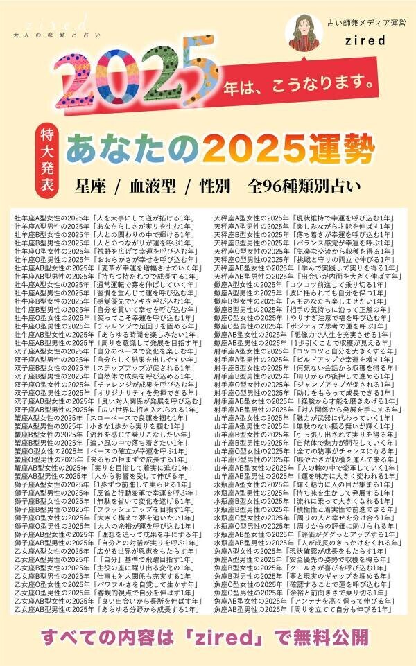 年に一度の運勢占い「あなたの2025年はこうなります」をziredが完全無料リリース！星座×血液型×性別で占う96種類のうちあなたの運勢タイプはどれ？