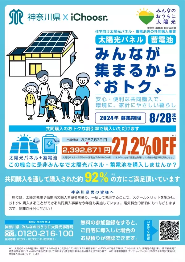 神奈川県で実施中の太陽光パネル・蓄電池の共同購入事業 「みんなのおうちに太陽光」の入札結果が出ました！ 最大で約29.2％の価格低減を実現