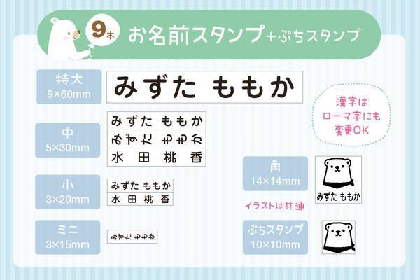 ユーザー様の声からリニューアル！【入園入学準備に】名前シールが入った「お名前スタンプ らいと13点セット」のシート選択が１種類から５種類にバージョンアップ！