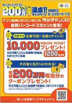 ミニストップアプリ２００万ダウンロード 達成キャンペーン実施中！！ 抽選券５枚で応募すると、抽選で １０，０００WAON POINTが２００名さまに当たる！！ ８月２０日（火）〜９月１日（日）