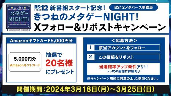 BS12新番組「きつねのメタゲーNIGHT！〜BS12メタバース情報局〜」4/7放送開始！ 人気配信者との番組コラボ企画やプレゼントキャンペーンも開催！
