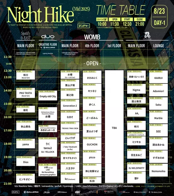 「NIGHT HIKE Mid 2025 supported by ジンドゥー」タイムテーブル公開 & 追加ラインナップ発表！