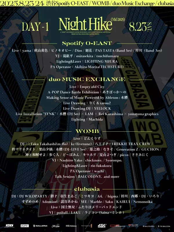 「NIGHT HIKE Mid 2025 supported by ジンドゥー」タイムテーブル公開 & 追加ラインナップ発表！