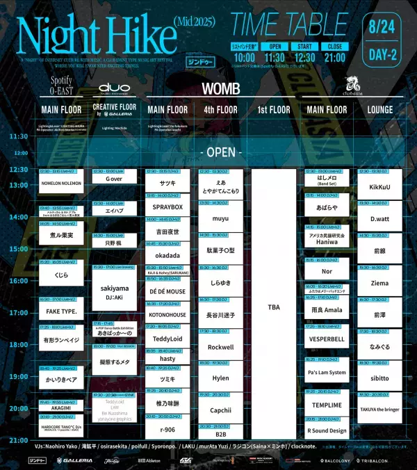 「NIGHT HIKE Mid 2025 supported by ジンドゥー」タイムテーブル公開 & 追加ラインナップ発表！