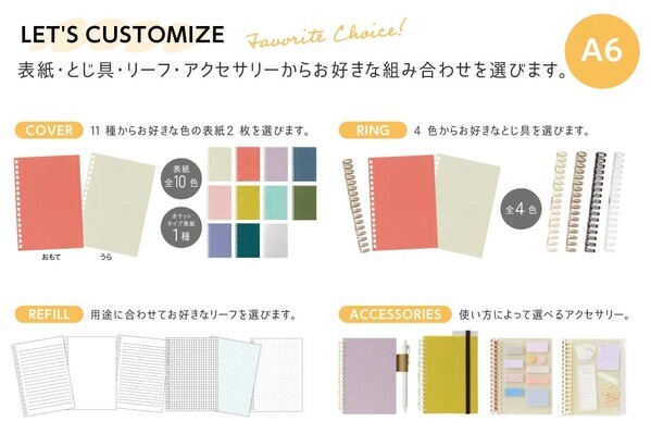 260通り以上の組み合わせから、オリジナルノートが作れる『カスタマイズオープンリングノート』待望のA6サイズ発売