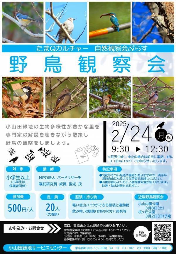 【解説付き】小山田緑地で冬鳥を探そう！2月24日(月・休)「野鳥観察会」参加者募集中！