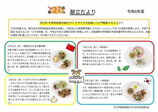 大阪国際大学短期大学部栄養学科の学生が８年連続で守口市教育委員会とコラボで中学生が喜ぶ給食レシピを４食開発！