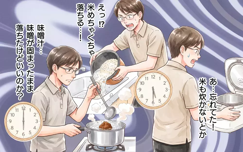 夫「料理がこんなに大変だったとは！」料理に悪戦苦闘…戦場と化したキッチンで夫が叫ぶ【妻の便利グッズをゴミ扱いする夫 Vol.4】