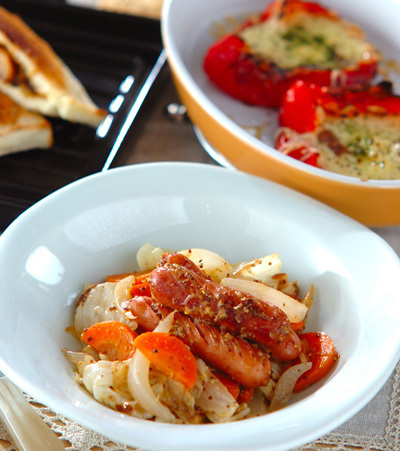 今日の献立は「ソーセージとキャベツの粒マスタード煮」　E・レシピ