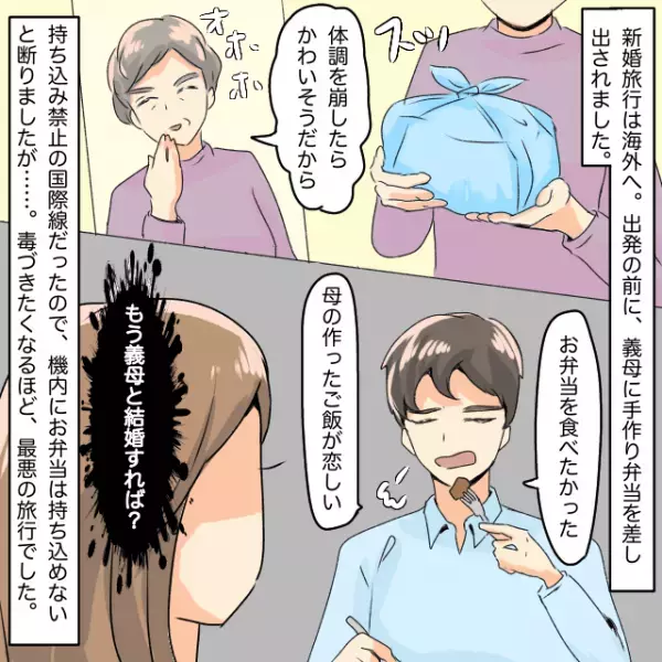 新婚旅行前に義母から”手作り弁当”を渡された！？機内に持ち込めず断ると→夫「母さんのお弁当を食べたかった」