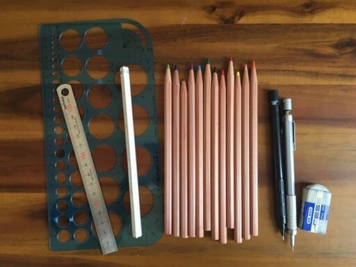 製図道具。左から丸だけのテンプレート、定規、三角スケール、色鉛筆、シャーペン、消しゴム