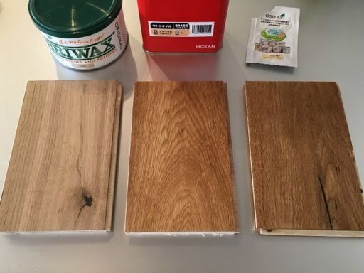 塗装後の木材。左からブライワックス、ワトコオイル、オスモカラー
