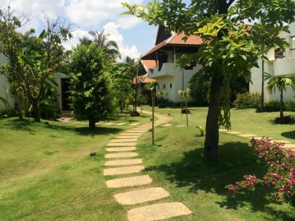 シェムリアップ郊外の緑豊かなリゾートで優雅にヨガレッスン