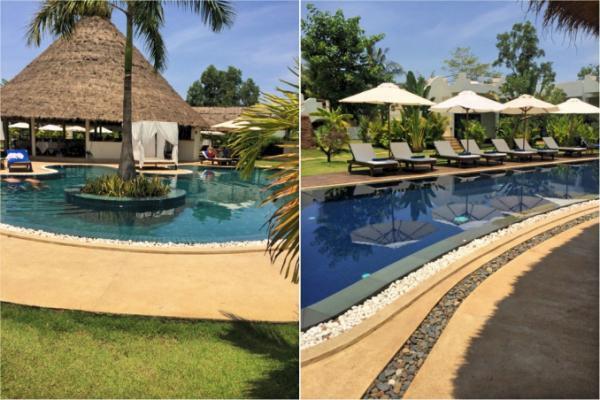 シェムリアップ郊外の緑豊かなリゾートで優雅にヨガレッスン