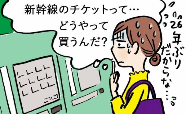 新幹線の券売機で悩む女性のイラスト
