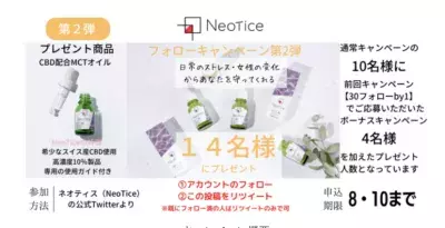 「ネオティス(Neotice)」、CBDオイルのフォロー＆リツイートの 第2弾キャンペーンとして8月10日まで 14名様にCBDオイルプレゼント企画を実施！