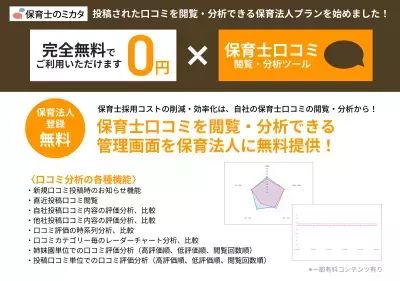 《保育施設運営法人向け》保育業界初、自園の「保育士口コミ」を無料で見える化！「保育士のミカタ」が閲覧・分析サービスの無料プランを提供開始
