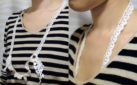 母乳育児中のコーディネートに、便利でかわいいオーガニックレースの授乳ネックレス